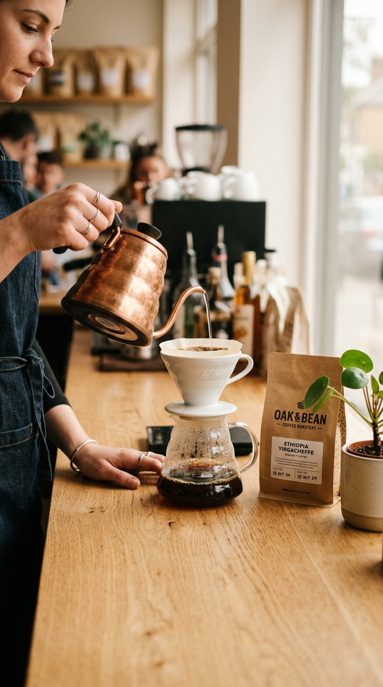 Un barista preparando un café filtrado con una pava de pico fino